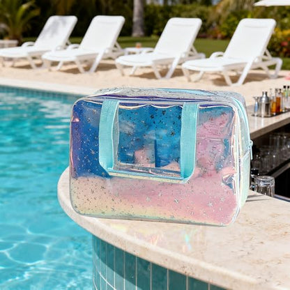 Holographic Blue Clear Star Large Cosmetic Bag and TPU Travel Pouch with Handle,Durable Material,Zipper Design-Ideal for Makeup,Travel Essentials (Holographic Blue+Stars) - color: Holographic Blue+stars