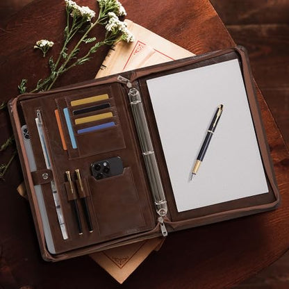 Professional 3-Ring Portfolio Organizer A4 Padfolio with Zipper, Premium PU Leather Business Planner Folder for Resume, Interview, Office, and Travel – Dark Brown - color: Brown