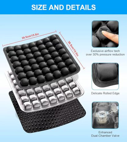 Sondur Travel Cushion, Inflatable Airplane Seat Cushion for Long Flights, 3D Air Cell Seat Cushions with Foot-operated Inflatable Accessories for Office Chair, Wheelchair, Cars, Home Living - color: Black