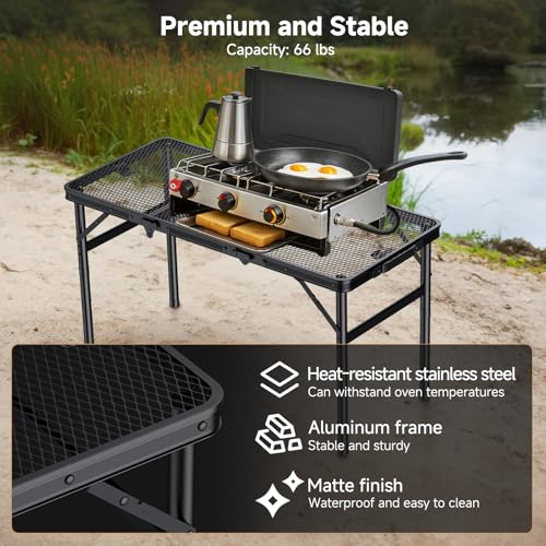 Folding Camping Table, 34.2" x 15.7" Picnic Table with 3 Adjustable Height Max 27.5", Matte Mesh Black Aluminum Folding Table with Handle for Party, Dining, Garden, Patio, Market - style: 3-Fold Mesh Tabletop
