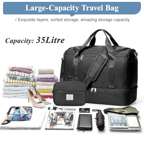 Travel Duffel Bag, Carry-on Overnight Weekender Bags with Shoes Compartment | For Spirit Airlines 18x14x8 Personal Item Bag,Wet Pocket,3 Pcs Set,Small - color: Black 3Pcs Set, size: Small