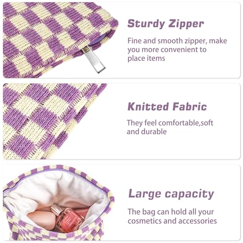 ZLFSRQ 2Pcs Checkered Makeup Bag for Women Large Small Checkered Cosmetic Bag Set Aesthetic Preppy Pencil Case Cute Pencil Pouch Purple Makeup Pouch for Purse Travel Toiletry Bags Zipper Skincare Bags - color: B-Checkered 2Pcs Mix Purple