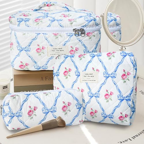 GISMTR 3Pcs Cotton Quilted Makeup Bag Large Travel Cosmetic Bag Coquette Makeup Pouch Cute Aesthetic Floral Toiletry Bag for Women Girls (flower-Q) - color: flower-Q