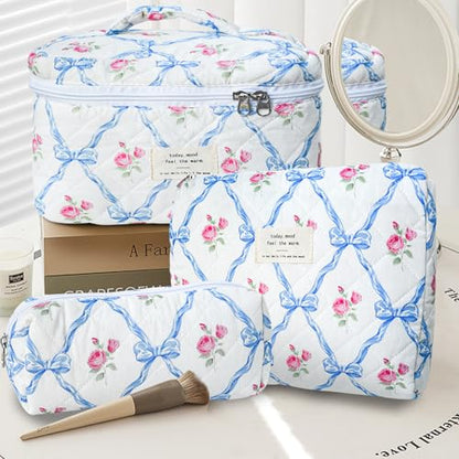 GISMTR 3Pcs Cotton Quilted Makeup Bag Large Travel Cosmetic Bag Coquette Makeup Pouch Cute Aesthetic Floral Toiletry Bag for Women Girls (flower-Q) - color: flower-Q