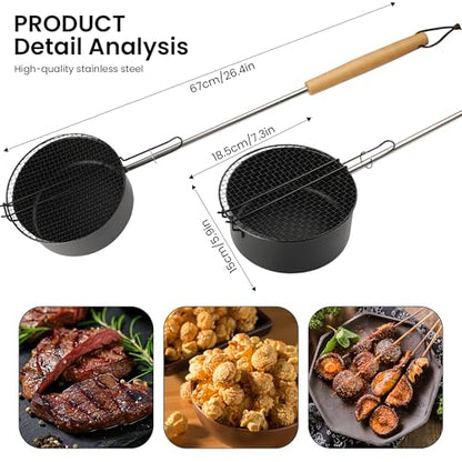 Portable outdoor camping pot, detachable long handle, popcorn pot, non-stick coating and mesh cover, portable and easy to store, black, stainless steel handle with wooden handle for heat resistance