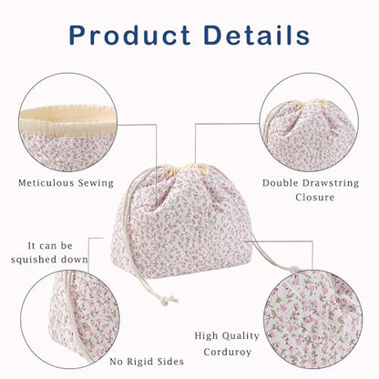 uekeboag Cotton Quilted Seersucker Makeup Bag with Canvas Lining,Coquette Aesthetic Cute Travel Toiletry Bag,Drawstring Gift Bag for Women and Girls（Pinkfloral） - color: Pinkfloral