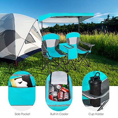 S AFSTAR Double Camping Chair w/Shade Canopy, 2-Person Folding Camp and Beach Chair with Mini Table Beverage Cup Holder Carrying Bag, Collapsible Camping Chairs for Garden Patio Pool Beach - color: Turquoise