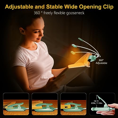 Gritin Rechargeable Book Light for Reading in Bed with 19 LED &Memory Function-Eye Caring 3 Color Temperatures,5 Brightness Levels,90 Hrs Runtime Flexible Goose Neck Clip on Light-Cyan - color: Cyan