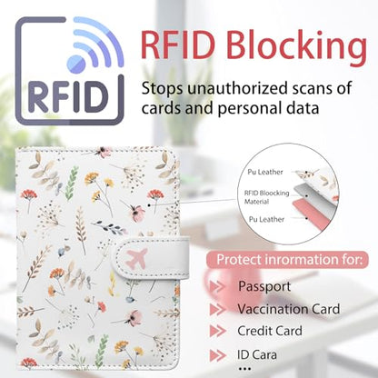 Passport Holder, Travel Wallet Cover with Pen Loop | Cute RFID Blocking Leather Case with Magnetic Closure for Travel Essentials-Flower - color: A-Twig