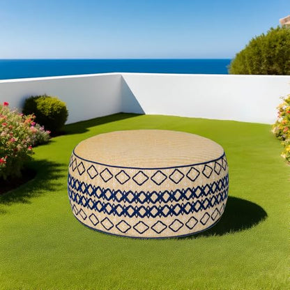 Outdoor Inflatable Ottoman with Air Pump, Embroidery Patio Footrest Stool D21”x H9”, Round Pouf Ottoman with Portable Handle Suitable for Garden, Camping, Bedroom, Living Room - color: Navy Embroidery