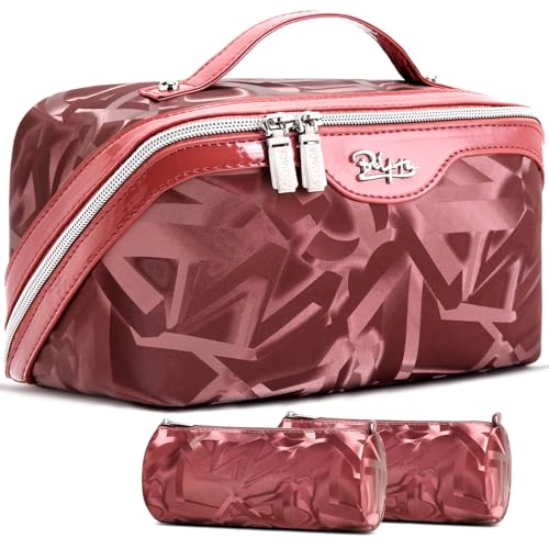 BOYATU Travel Makeup Bag for Women: Y2K Aesthetic Personalized Glossy 3 Pcs Set Cosmetic Organizer Bag - Trendy Statement Toiletry Pouches for Forward Women - Stand Out at Festivals & Trips(D-4-Red) - color: D-4-Red