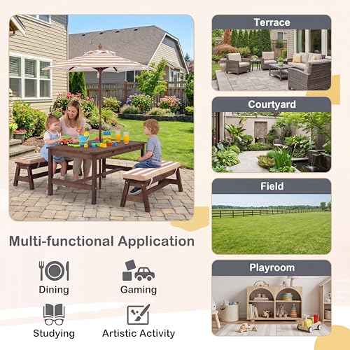 HONEY JOY Kids Picnic Table, Large 42“x 23” Tabletop, Fir Wood Toddler Outdoor Table & Bench Set w/Removable Cushions & Umbrella, Children Backyard Furniture for Patio Garden, Seats for 4 (Walnut) - color: Walnut