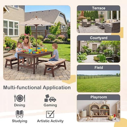 HONEY JOY Kids Picnic Table, Large 42“x 23” Tabletop, Fir Wood Toddler Outdoor Table & Bench Set w/Removable Cushions & Umbrella, Children Backyard Furniture for Patio Garden, Seats for 4 (Walnut) - color: Walnut