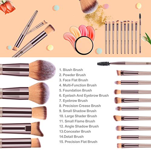 HEYMKGO Makeup Brushes 15PCS Champagne Gold Professional Makeup Brush Set Foundation Brush Blending Powder Blush Concealer Eye Make Up Brush with Bag - color: Champagne Gold
