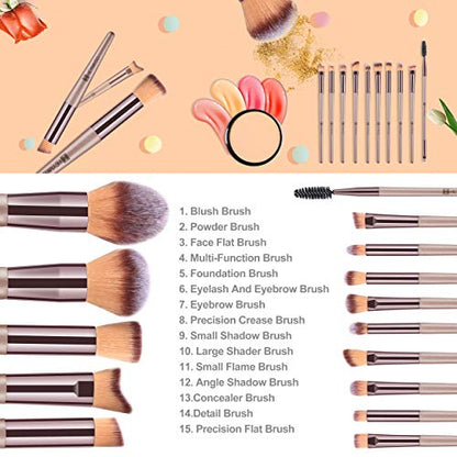 HEYMKGO Makeup Brushes 15PCS Champagne Gold Professional Makeup Brush Set Foundation Brush Blending Powder Blush Concealer Eye Make Up Brush with Bag - color: Champagne Gold