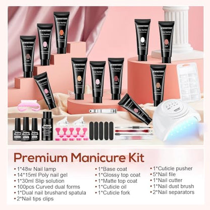 JEWHITENY Poly Extension Gel Kit With 48W LED Nail Lamp 14 Colors Builder Extension Gel All-in-One French Kit Nail Art Design Beginner Kit - color: A02
