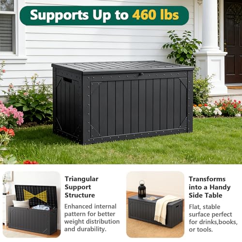100 Gallon Outdoor Storage Box, Waterproof Resin Deck Box Organizer for Patio Cushion Storage, Lockable Outside Container for Garden Tools