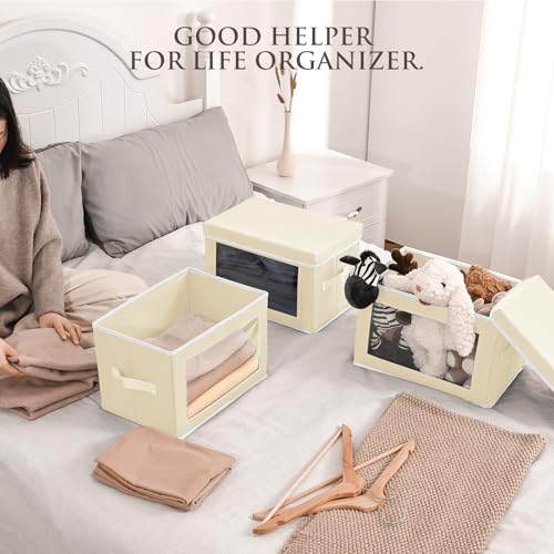 Homsorout Fabric Storage Bins with Lids, Storage Cubes with Window, Decorative Storage Boxes Baskets for Organizing, Closet Organizer Storage Bins for Home, Office, 3 Packs, Beige - color: Beige, size: L(3-Pack)