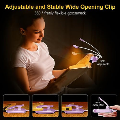 Gritin Rechargeable Book Light for Reading in Bed with 19 LED &Memory Function-Eye Caring 3 Color Temperatures,5 Brightness Levels,90 Hrs Runtime Flexible Goose Neck Clip on Light-Purple - color: Purple