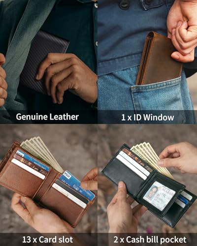 Artpaxy Mens Wallet Genuine Leather Bifold RFID Blocking Wallet for Men with 1 ID Window 13 Card Holders 2 cash pockets 1 Gift Box - color: Carbon Black