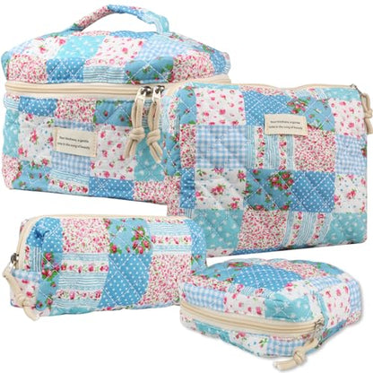 NATINSA Cute Makeup Bag for Women(2 Pcs), Travel Cosmetic Bags, Quilted Coquette Aesthetic Floral Toiletry Organizer Bag (43 - Grid Rose/4PCS) - color: 43 - Grid Rose/4PCS
