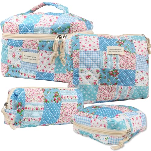 NATINSA Cute Makeup Bag for Women(2 Pcs), Travel Cosmetic Bags, Quilted Coquette Aesthetic Floral Toiletry Organizer Bag (43 - Grid Rose/4PCS) - color: 43 - Grid Rose/4PCS