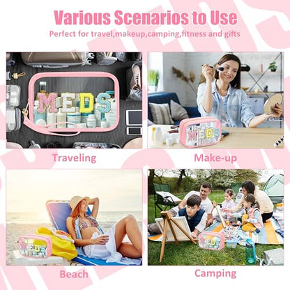 BuyCard 2 Pcs Medicine Chenille Letter Bag Preppy Clear Makeup Meds Pouch for Travel Nylon & PVC Transparent Cosmetic Bag Preppy Patch Toiletry Storage for Women Girls Pink - color: MEDS-Pink, style: 2 Pcs-clear