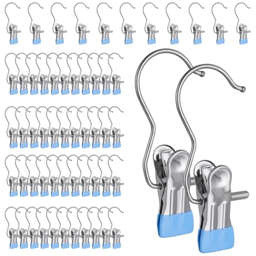50PCS Space-Saving Clothespin Hat Pants Storage Hanging Travel Hook, Portable 360° Rotating Stainless Steel Hanging Hook Clips Towel Clips,Laundry Hooks Hanging Clips with Clips for Home and Travel - color: Blue