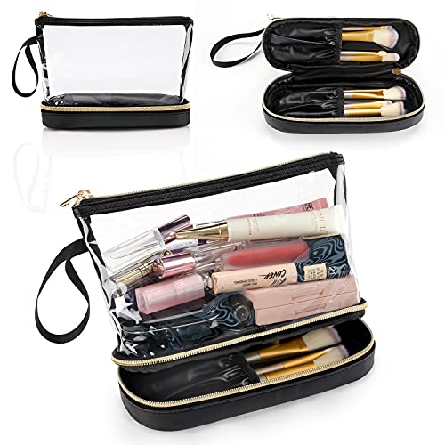 Ethereal Travel Makeup Bag, Clear Cosmetic Bag Make Up Organizer TSA Approved Toiletry Bag, Waterproof Pouch for Women Purse for Toiletries Accessories Brushes - color: 01-leather black clear