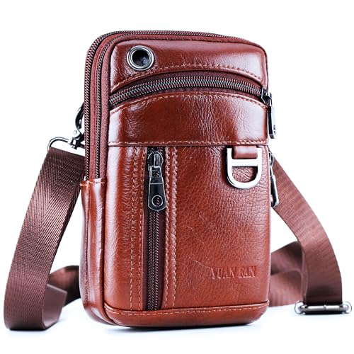 Leather Cell Phone Wallet Shoulder Holster,Hip Bum Pack Pouch Belt Pouch Bolso para Hombre Crossbody Bag for Men with Card Slots Compatible with iPhone (Brown) - color: Brown