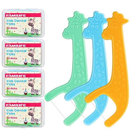 FAMILIFE Floss Picks, 120 Pcs Kid's Dental Floss Cleaner Without Fluoride, Tooth Pick Flossers with 4 Travel Handy Cases, Helps to Fight Tooth Decay and Keep Your Kids’ Teeth Clean, for Family - color: Giraffe 120 Pcs