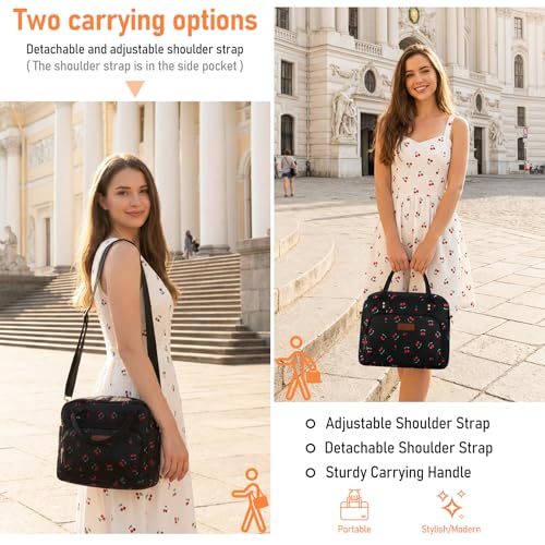Lunch Bag Large Insulated Lunch Box for Women Men Adult Cute Cherry Lunchbox Lunch Bags Boxes Pail with Shoulder Strap for Work Mom Picnic Office Travel 11.4×6.8×9.1 inches 11.5L Black - color: Black Cherry