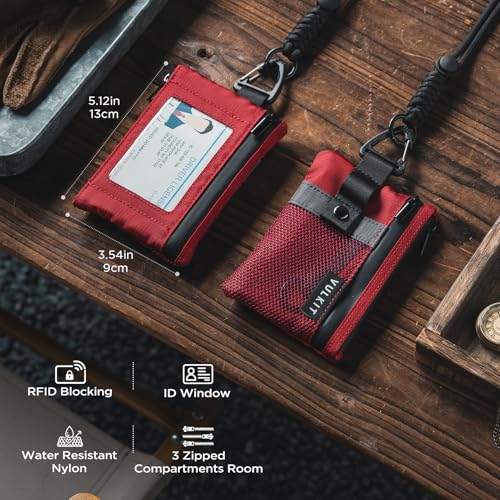 VULKIT Small Minimalist Wallet for Women and Men RFID Blocking, Zipper Coin Pouch with ID Window and Keychain, Water Resistant Travel Lanyard Wallet Red - color: Red
