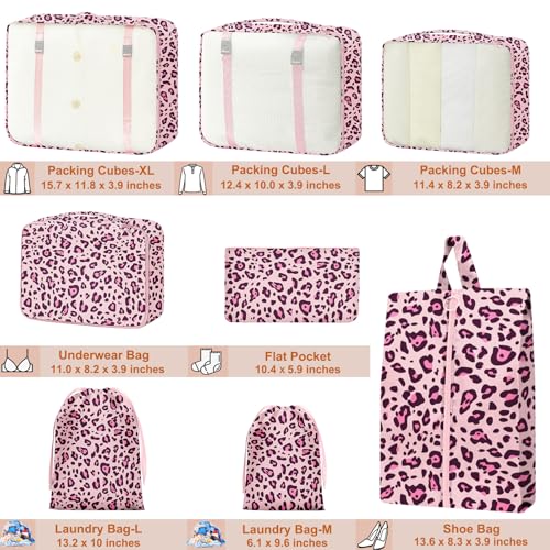Packing Cubes for Travel - 8 Set Luggage Organizer Bags for Family, Mesh Breathable Packing Cubes for Suitcases Durable Travel Essentials Bags Set - color: Purple Leopard Print