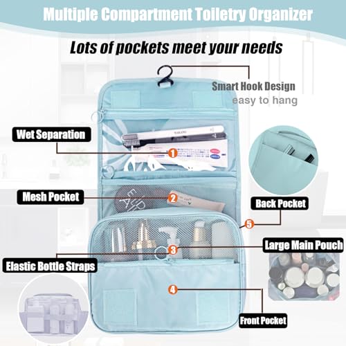 L&FY Hanging Travel Toiletry Bag Women's Cosmetic Organizer Makeup Pouch Men's Shaving Kits With Handle(Lake Blue) - color: Lake Blue, size: Compact Size