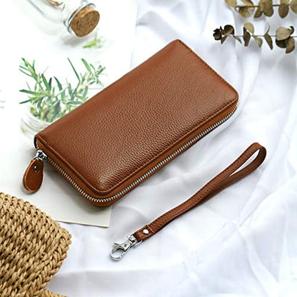 Moflycom Womens Wallet RFID Blocking Genuine Leather Zip Around Wallet Clutch Wristlet Travel Long Purse for Women - color: Brown