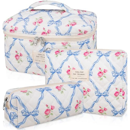 Gosect Makeup Bag Set, Quilted Makeup Bag, Large Floral Cosmetic Bag for Women, Cute Cotton Makeup Bags, Flower Travel Toiletry Organizer Bag (Blue Flower) - color: Blue Flower