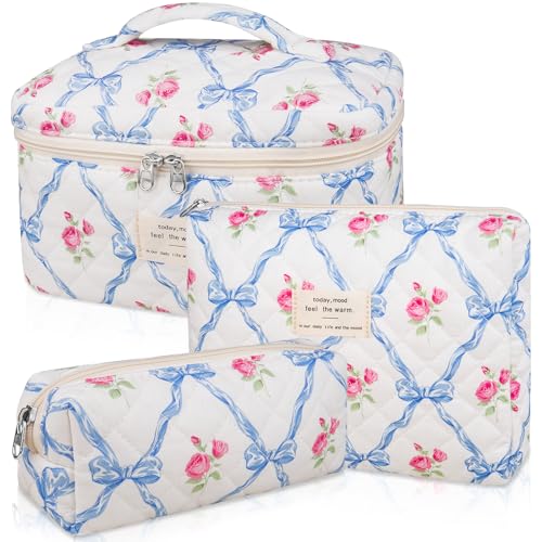 Gosect Makeup Bag Set, Quilted Makeup Bag, Large Floral Cosmetic Bag for Women, Cute Cotton Makeup Bags, Flower Travel Toiletry Organizer Bag (Blue Flower) - color: Blue Flower