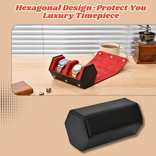 Leather Watch Roll for 2 Watches - Velvet-Lined Travel Case, Luxury Watch Rolls Organizer with Storage & Display for Men (2 Slot-Black/Red) - color: 2 Slot-Black/Red