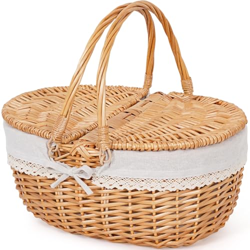 Happypicnic Wicker Picnic Basket with Handle, 15" Large Empty Picnic Basket with Lid & Removable Liner, Vintage Hand Woven Basket for Picnics, Camping, Veg Picking, Mother's Day, Thanksgiving (Solid) - color: Solid, size: Large