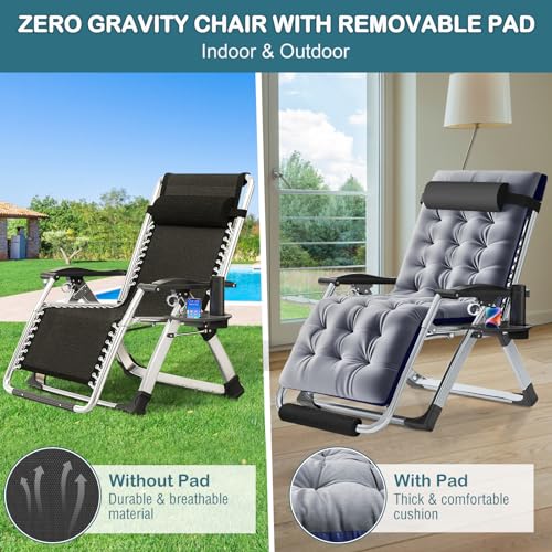 NAIZEA Padded Zero Gravity Chair, Folding Outdoor Lounge Chairs, Adjustable Reclining Camping Chairs with Cup Holder, Ergonomic Patio Lawn Chair for Balcony Beach Deck Yard - color: Ash Gray, style: Zero Gravity Chair 2 Pack