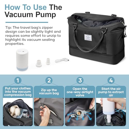 Overnight Weekender Bags for Women,Vacuum Travel Duffel Bag with Air Pump, Personal Item Travel Bag with Shoes Compartment & Compression Pocket,Black - color: A-Black with Air Pump, size: Large
