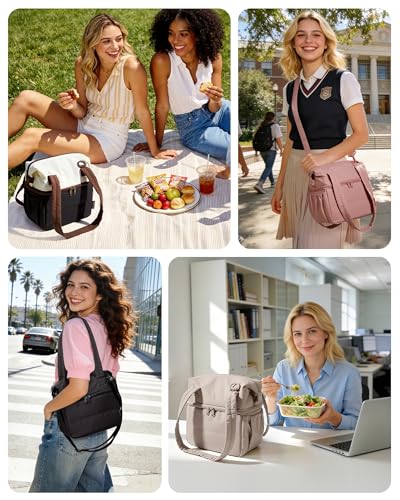 BAGSMART Double Deck Lunch Bag Women, Insulated Reusable Lunch Box, Quilted Puffer Lunch Tote with Shoulder Strap, Durable Large Lunch Cooler For Work Picnic Travel Meal Prep Flight, Beige + Black - color: Beige + Black