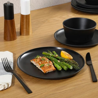 Gibson Home Fairhope 12-Piece Matte Black Melamine Dinnerware Set – Durable Lightweight Plates and Bowls, Kitchen Dining Set - color: Matte Black (Fairhope), size: Service for Four (12pcs)
