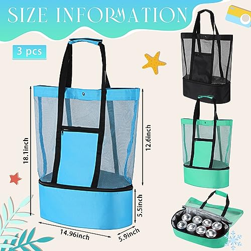 Oudain 3 Pcs Beach Bag with Cooler Mesh Beach Tote with Insulated Cooler and Pocket Waterproof Sandproof Beach Tote Bag Swim Pool Bag for Women Summer (Black, Blue and Green)