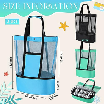 Oudain 3 Pcs Beach Bag with Cooler Mesh Beach Tote with Insulated Cooler and Pocket Waterproof Sandproof Beach Tote Bag Swim Pool Bag for Women Summer (Black, Blue and Green)