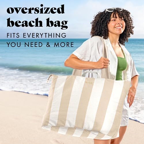 Fit & Fresh XL Beach Tote Bag for Women – XL Travel Tote with Zipper & Pockets, Oversized Canvas Pool Bag, Weekender Carry-On - color: Taupe Stripe