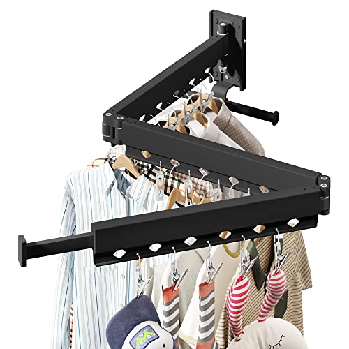 HEILAIYI Wall Mounted Clothes Hanger,Clothes Drying Rack,Laundry Drying Rack,Clothes Rack,Laundry Rack Wall Mount,Retractable Collapsible Drying Rack Clothing (Windproof Holes,with Clips),Black - size: Upgrade-Black / Holes with Clips
