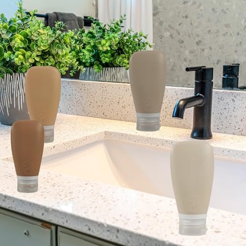 Travel Bottles for Toiletries, TSA Approved 3 oz Leak Proof Silicone Refillable Squeeze Travel Size Containers BPA Free for Cleansers, Lotions, Shampoo w/Clear Bag (Earth Tone Colors) - color: Warm beige, Soft taupe, Tan, Carmel