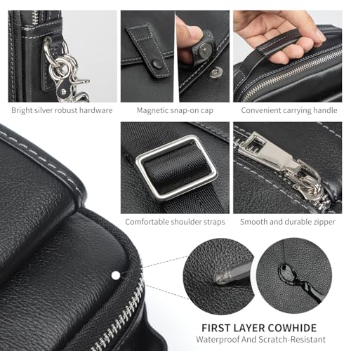 Augus Leather Small Messenger Bag For Men Crossbody Handbag Shoulder Sling Travel Bags for Men Purse Daypack Magnetic Buckle - color: Black-1